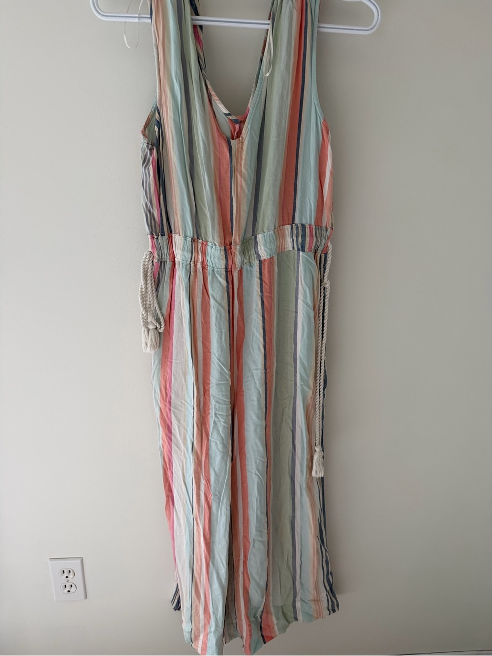 Sleeveless V-Neck Striped Maxi Dress with Rope Waist Tie - Pastel Green & Coral